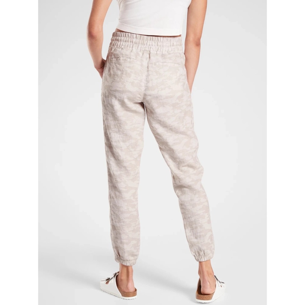 Athleta Cabo Tide 100% Linen Jogger Pants Camo Resort Beach Zip Pockets Size 10 - Picture 11 of 13